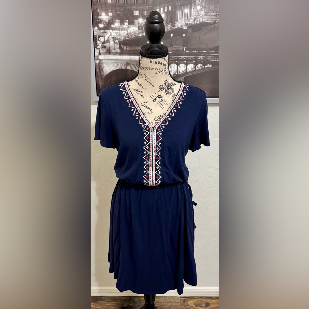 Old Navy Navy V-Neck Fit & Flare Belted Dress, Size XS